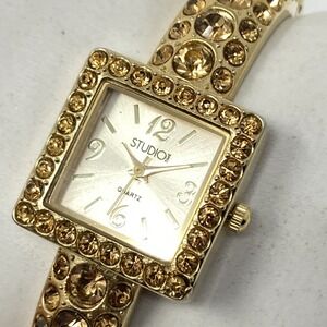 Studio Time Watch Women 23mm Gold Tone Orange Crystal Bling New Battery 6.75"